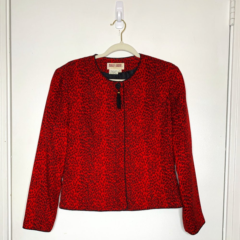 Maggie London Silk Red and Black Leopard Print Blazer with Tassel Size 8